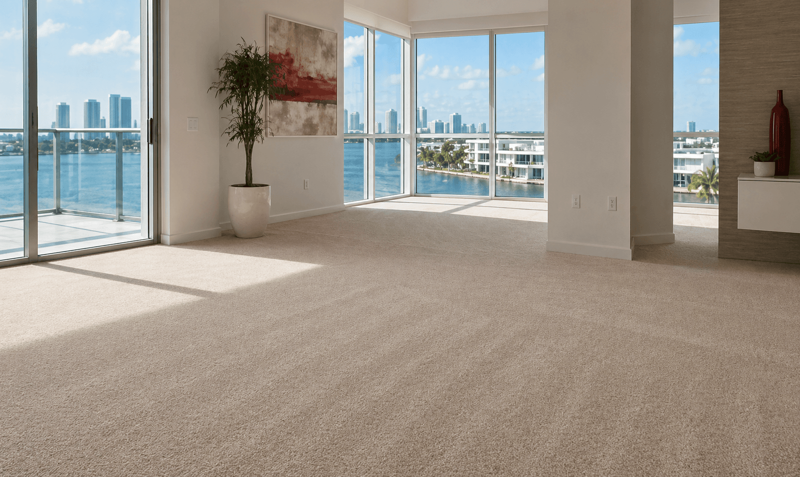 Photorealistic clean carpet in a bright Miami-style room