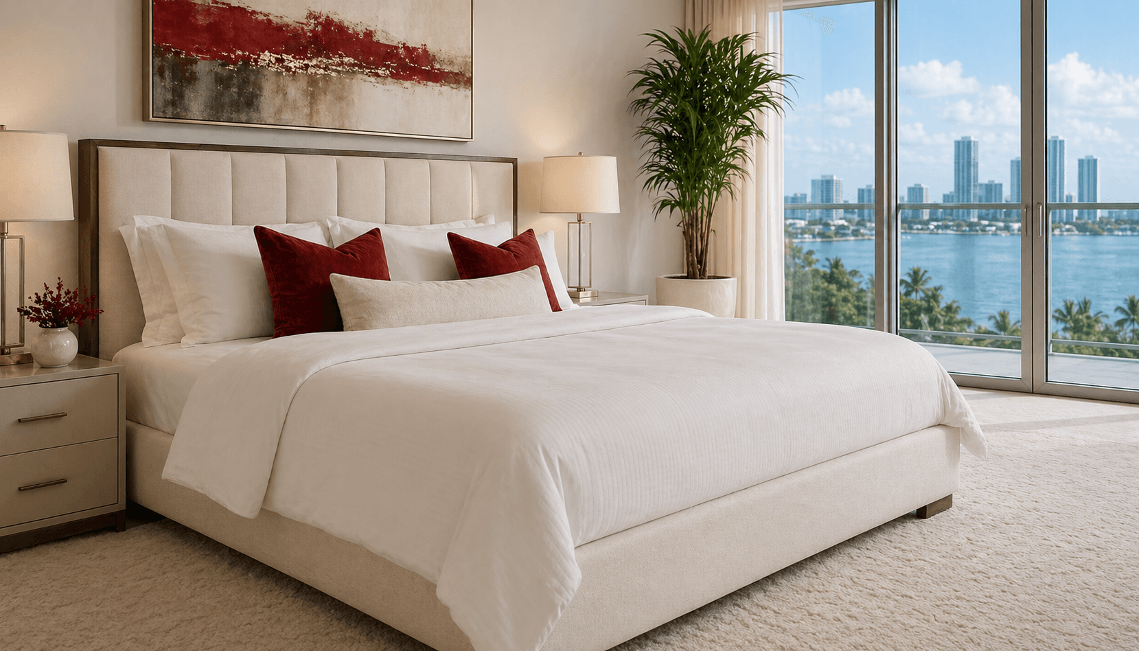 Bright, fresh bedroom with a clean bed and warm red accent pillows