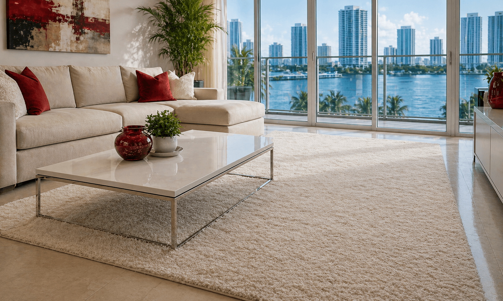 Photorealistic clean area rug in a warm Miami-style interior