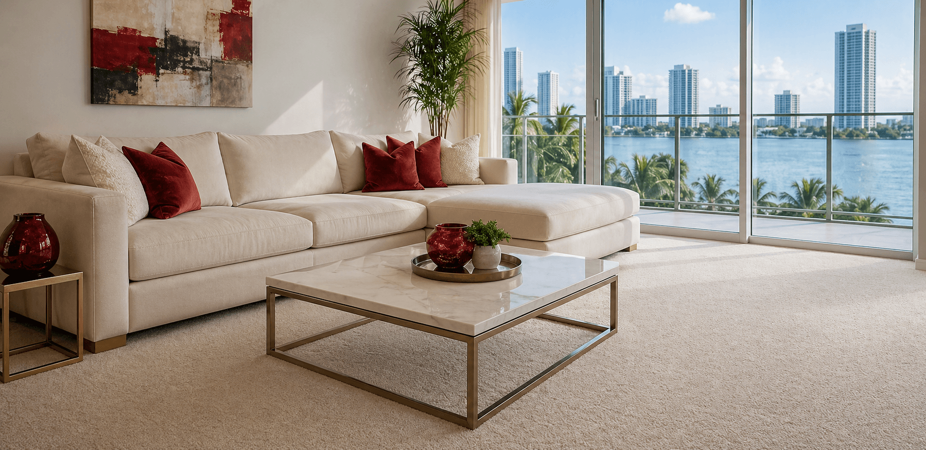 Photorealistic clean sofa in a warm Miami-style living room