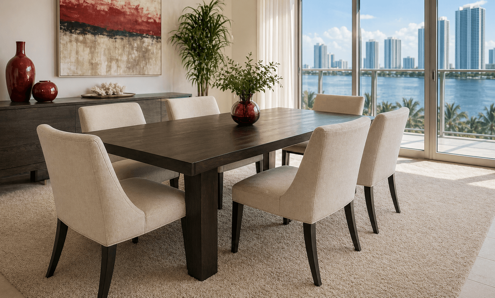 Photorealistic upholstered seating in a clean Miami-style interior