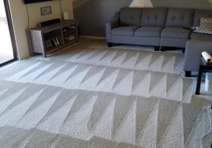 Real carpet cleaning result with visible cleaning lines in a living room